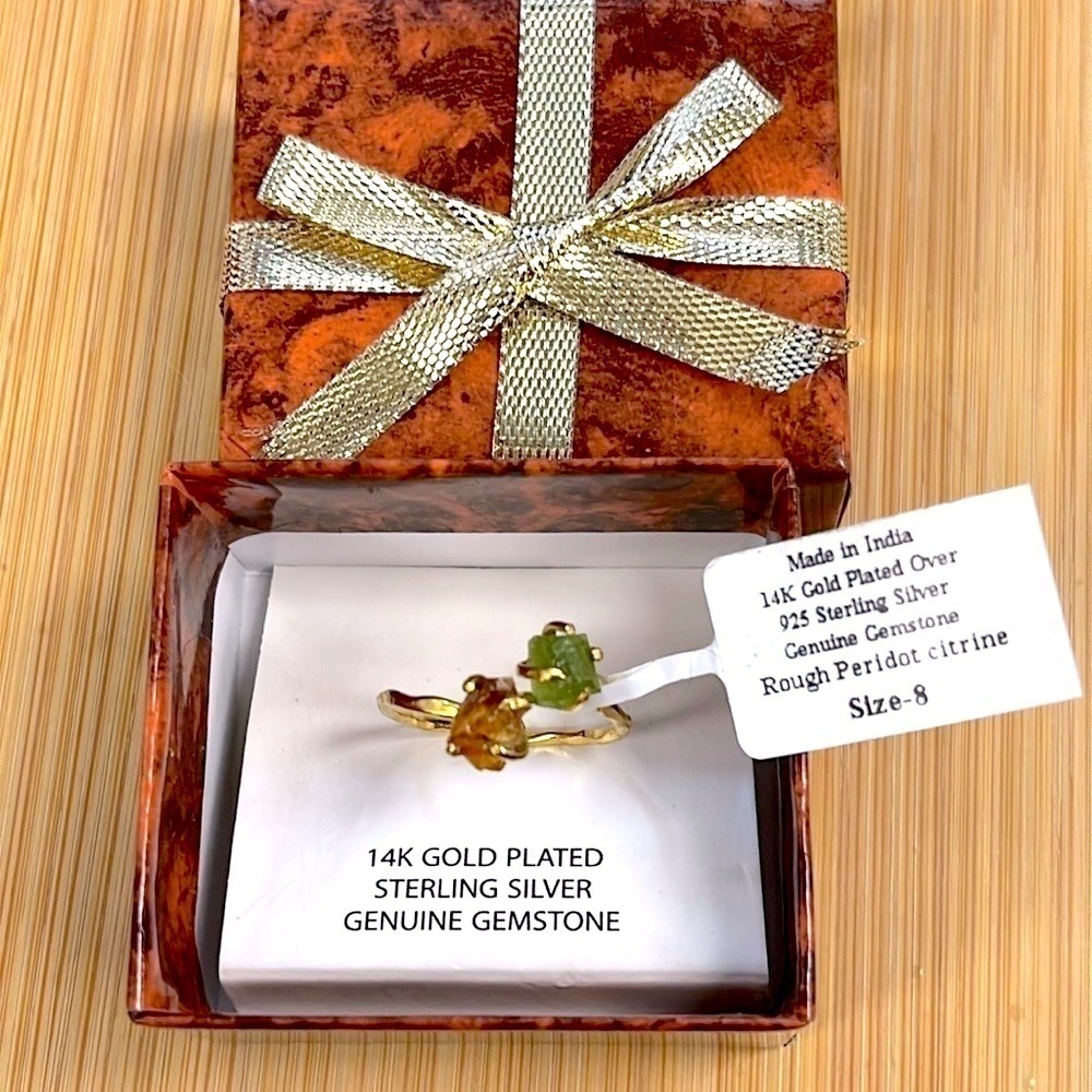Brand New 14K Gold Plated Sterling Silver Genuine Gemstone Peridot Citrine Ring